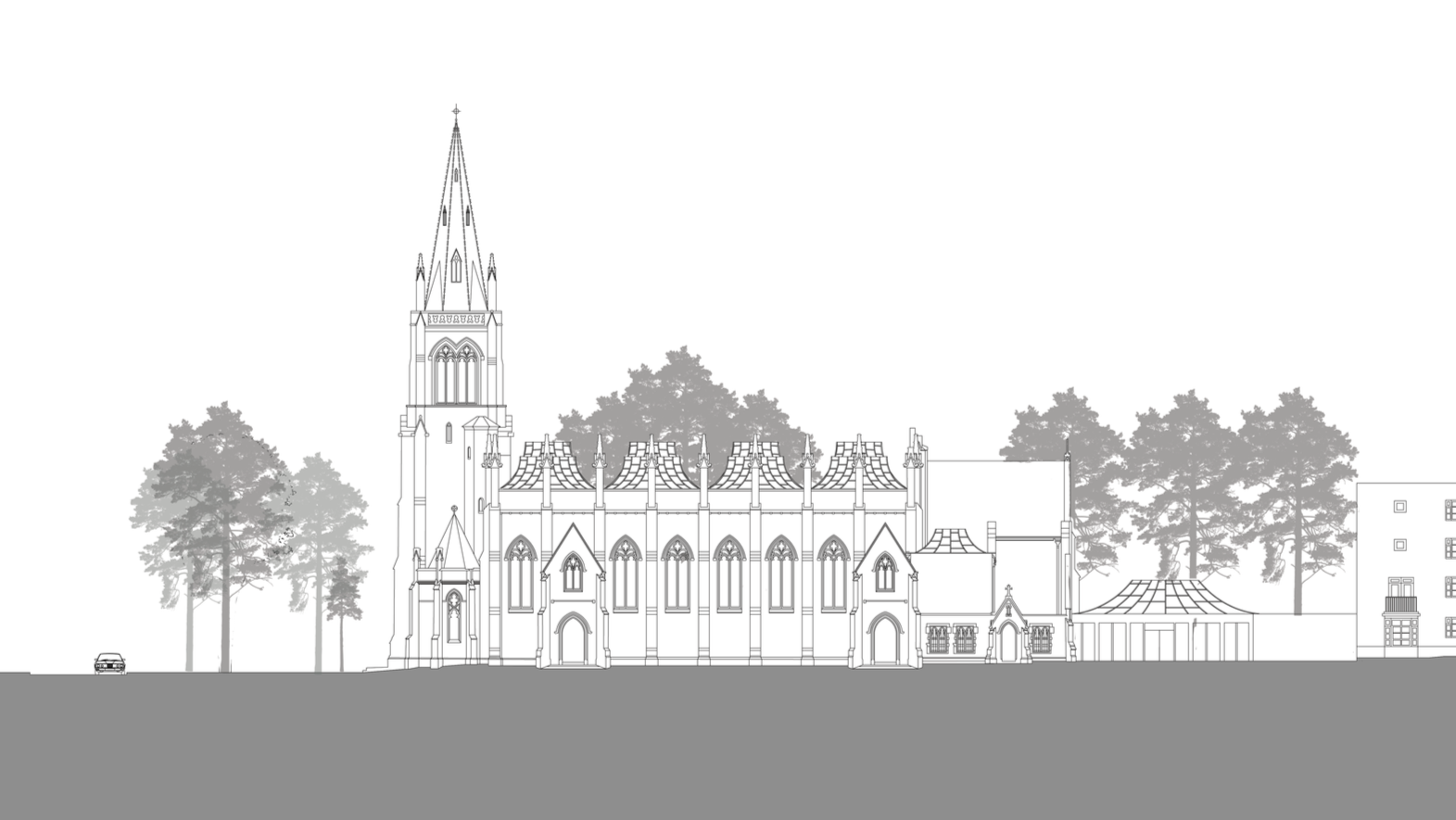 Line drawing of a Gothic-style church with a tall steeple, surrounded by trees, with a car parked on the street in front.