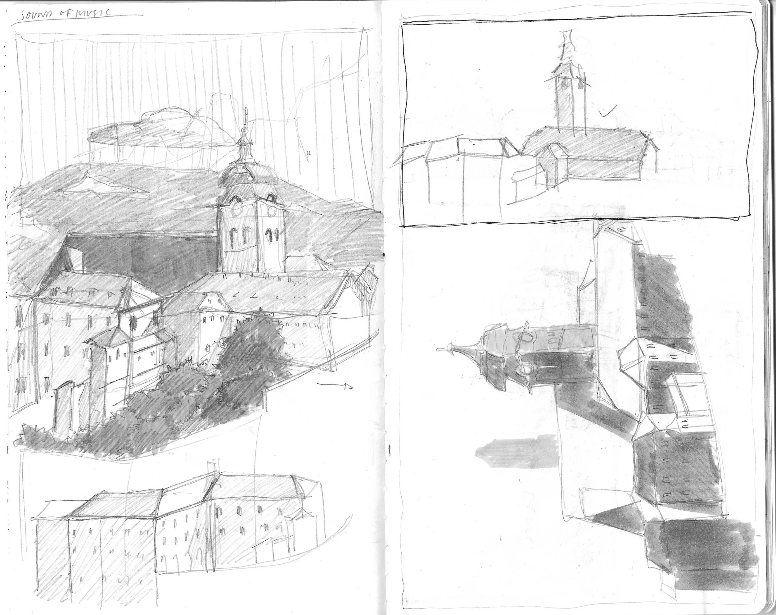 Sketches of Salzburg, Austria with a church and buildings, including a castle or hilltop structure on a hill, and a view of some of the town's rooftops from different angles.