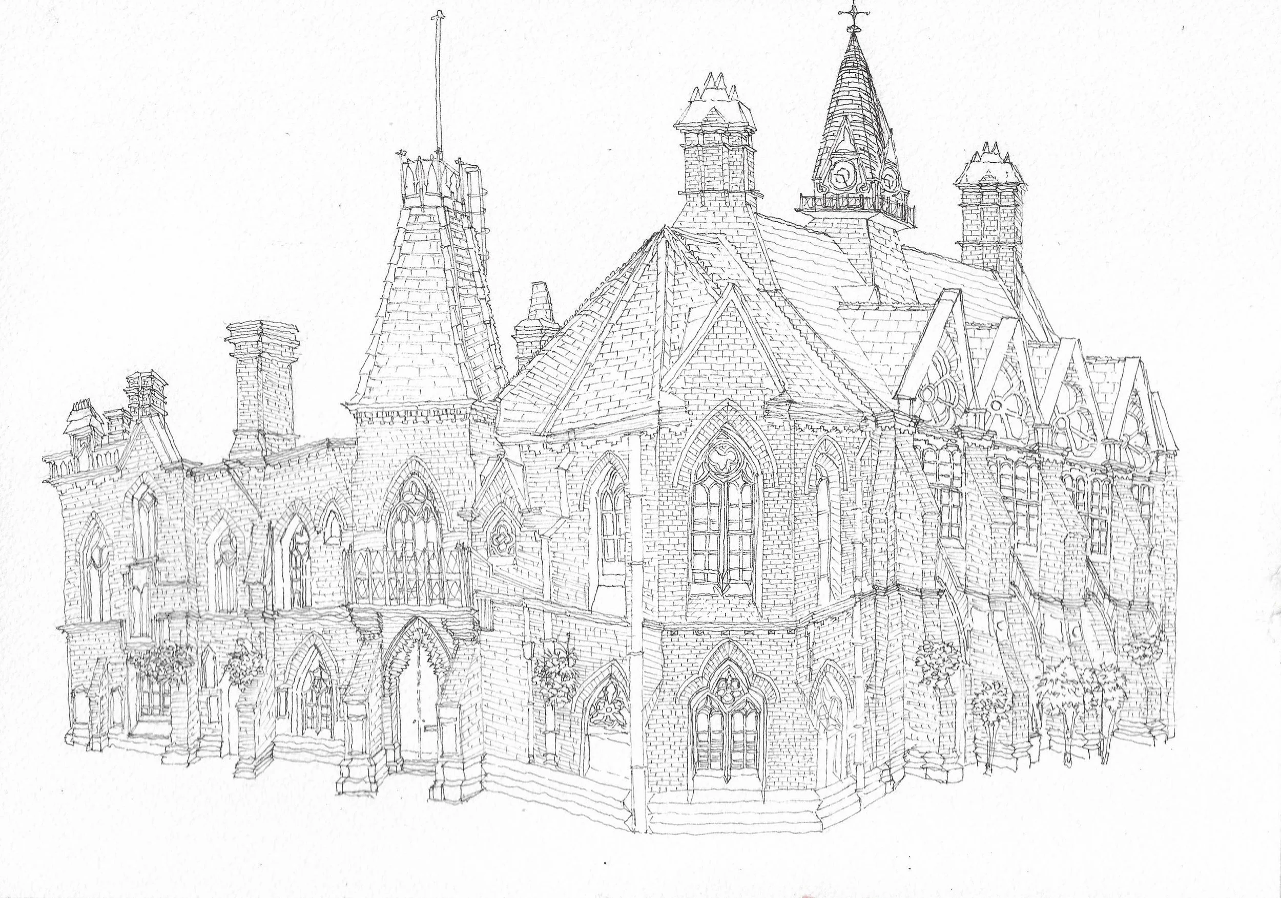 Line drawing of a historic red brick Gothic-style town hall with multiple towers, pointed arch windows, and a clock tower.