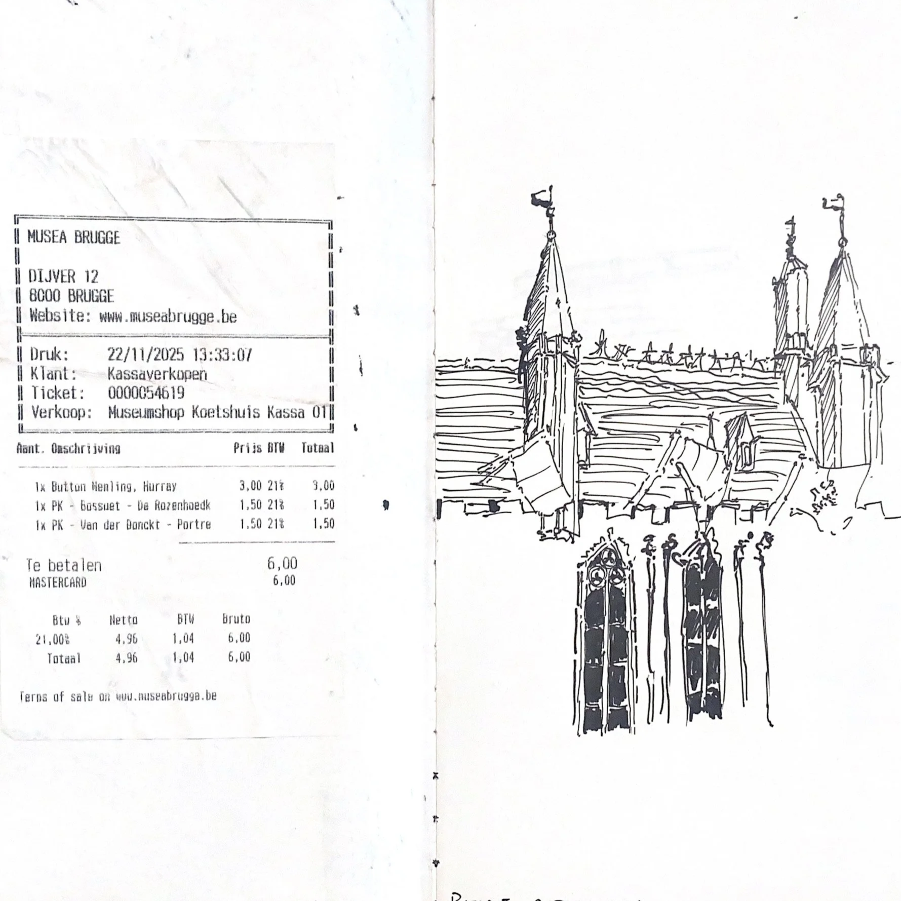 A receipt from Museum Brugge and a drawing of the Church of Our Lady in Brugge, Belgium.
