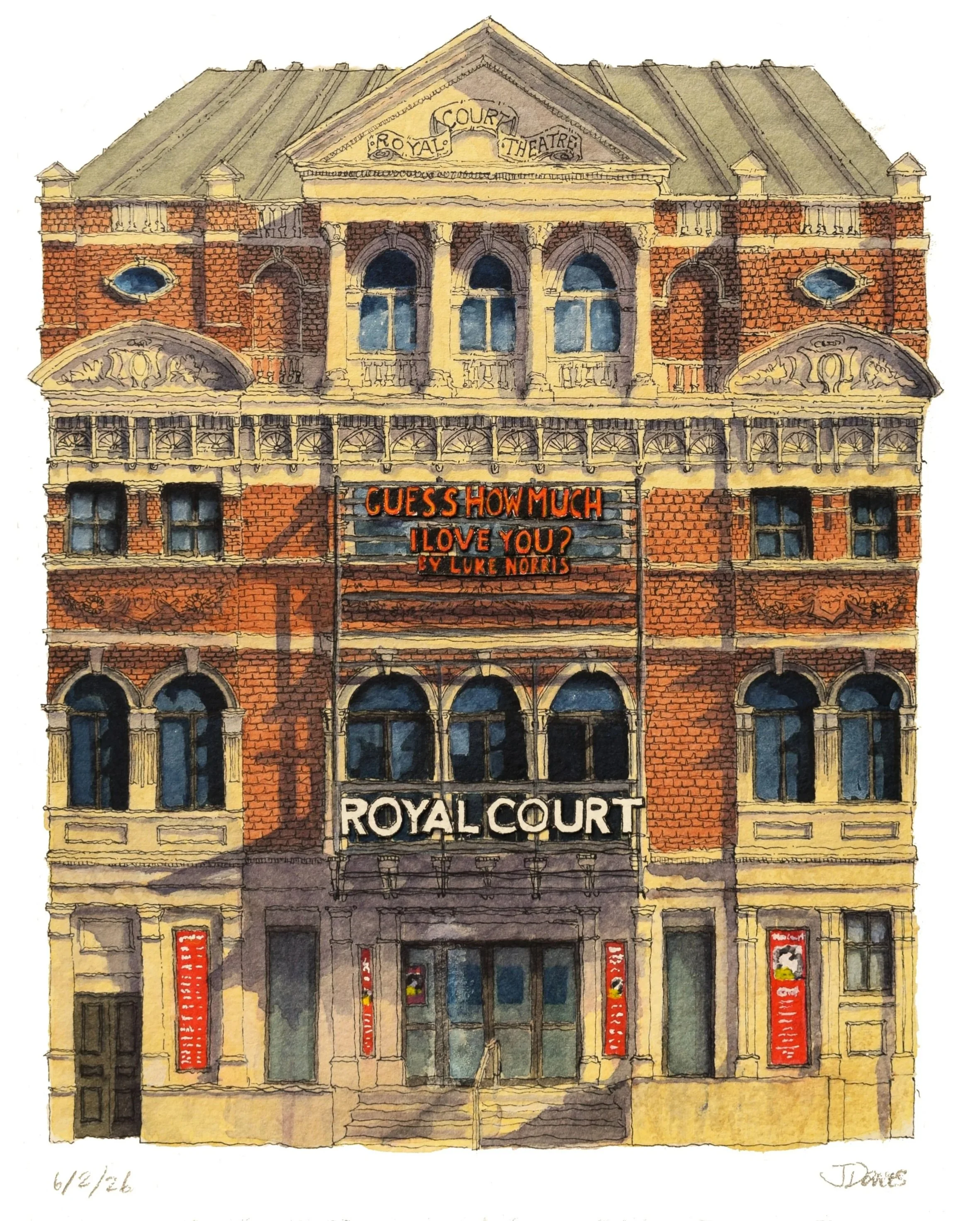 A watercolor illustration of the Royal Court Theatre with brick and stone architecture, theatre signs, and a marquee with the title 'Guess How Much I Love You' by Luke Norris.