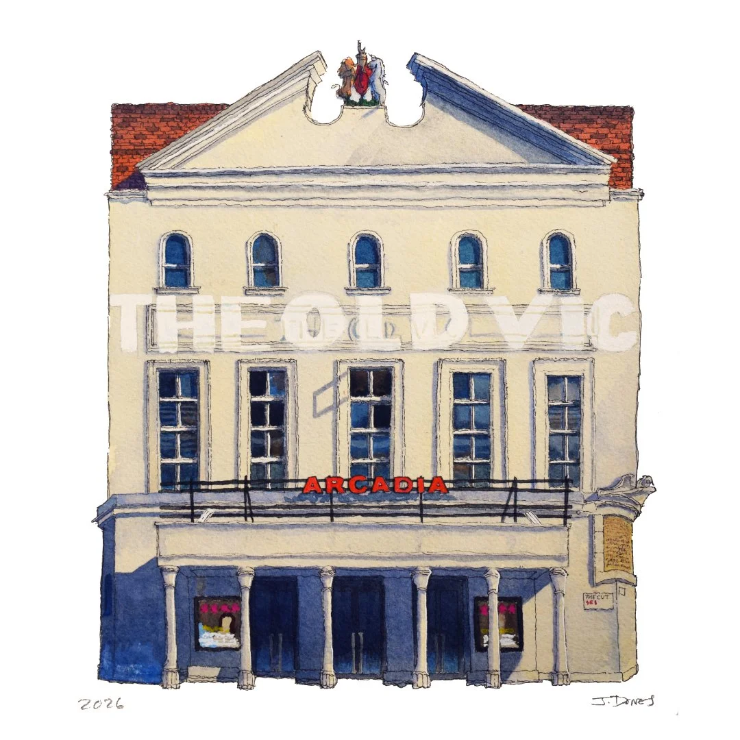 The building is depicted in cream and pale yellow tones with heavy blue shadows, columns and signs. There is bold white lettering on the front saying 'The Old Vic' with a red neon sign saying 'Arcadia' the name of the production.