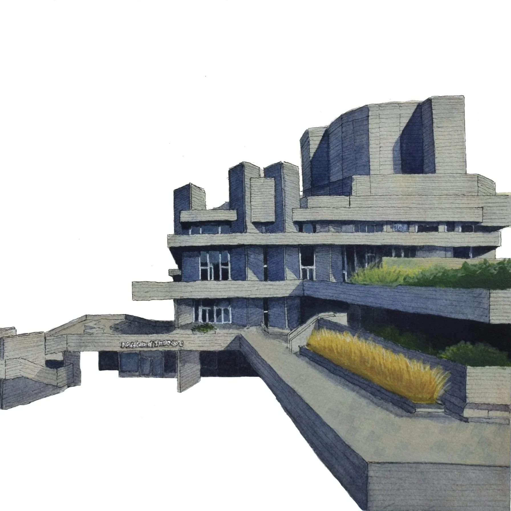 Watercolour painting depicting the National Theatre, a large and Brutalist building constructed out of concrete. It has large fly towers and columns, different sized balconies and some greenery on the right.