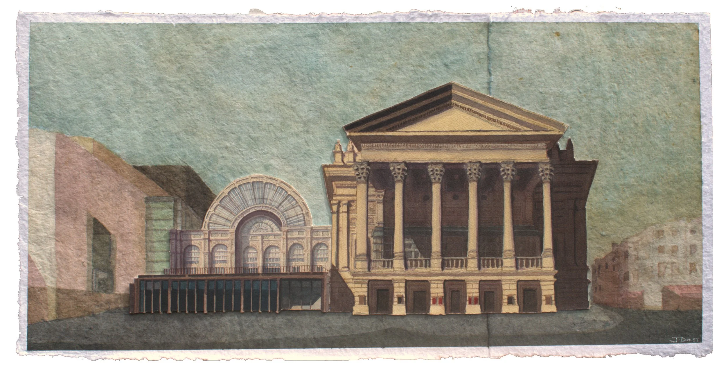 A watercolor painting of the Royal Opera House including a prominent Greek-style temple with columns and a triangular pediment, a large archway with decorative windows, and other architectural structures visible in the background.