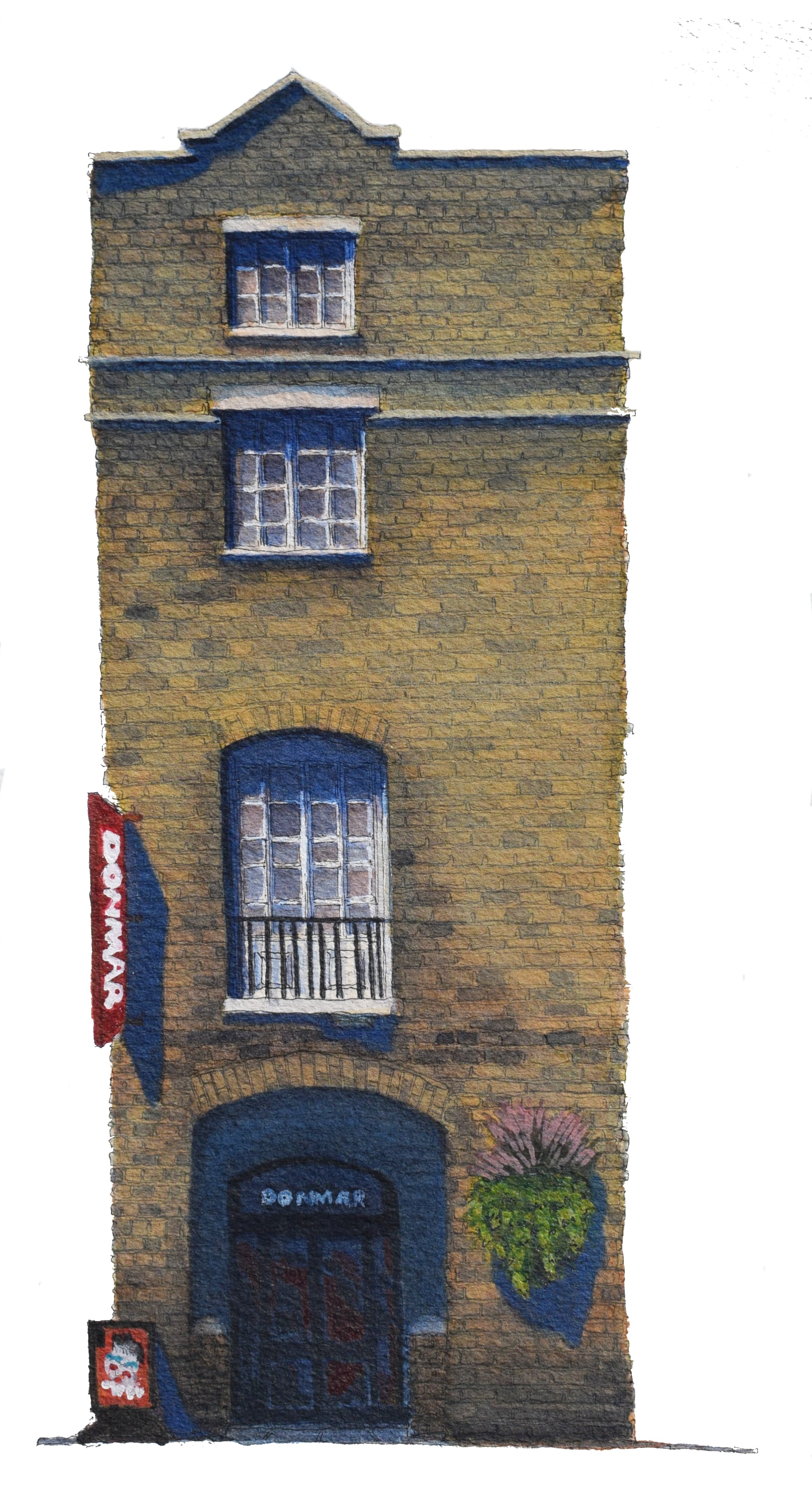Watercolour painting of the Donmar Warehouse in London: a three-story brick building with a red sign reading 'DONMAR' on the left side and a decorative flower in a planter on the right side. It has windows, a small balcony, and an arched doorway.