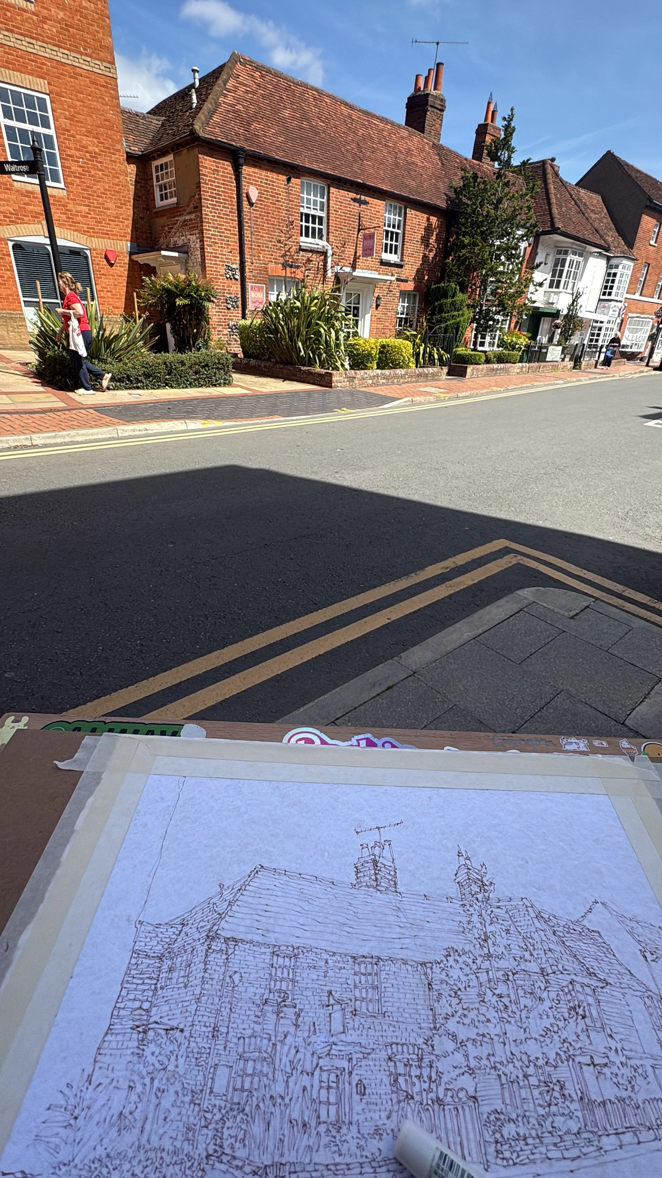 EARLY STAGES OF THE PAINTING. STARTED WITH A LIGHT UNDERPAINTING OF YELLOW OCHRE AND THE DRAWING, DONE IN BROWN INK IN A FOUNTAIN PEN. MADE SURE TO NOTE HOW THE SHADOWS ARE SET BEFORE THE LIGHT CHANGES.
