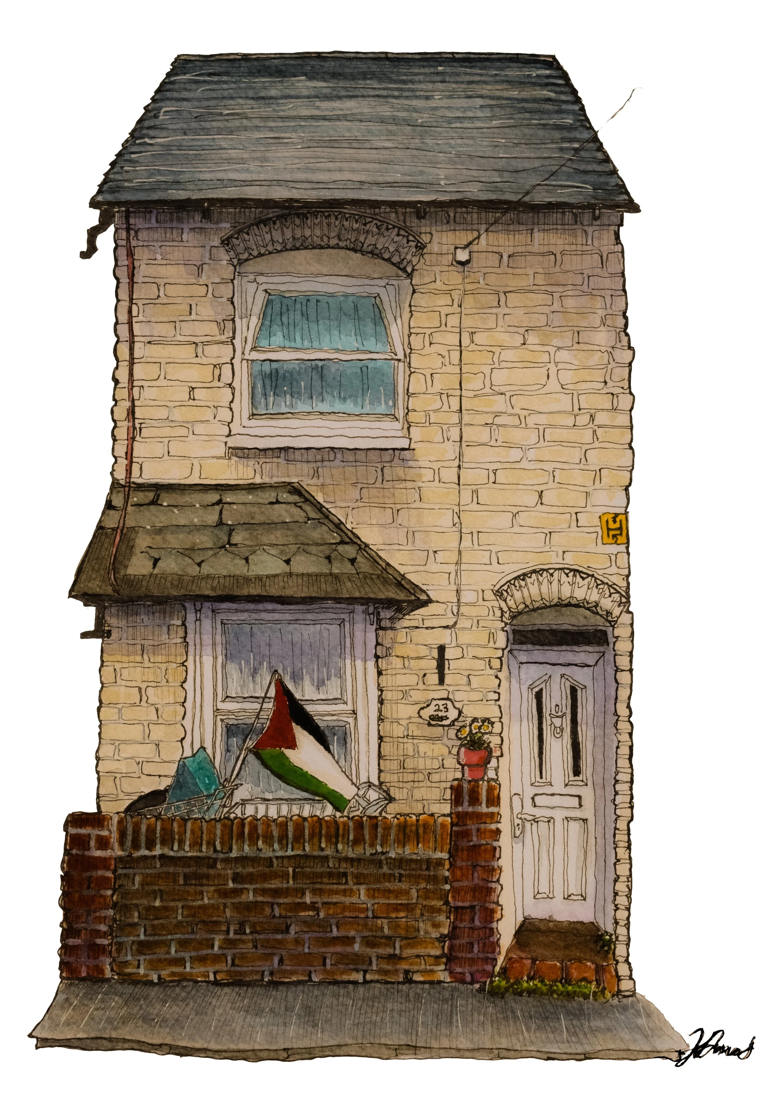 A detailed watercolor illustration of a two-story brick house with a sloped roof, a window with a curtain on the upper floor, another window with a flag on the lower floor, and a front door. There is a brick wall and a small potted plant with flowers