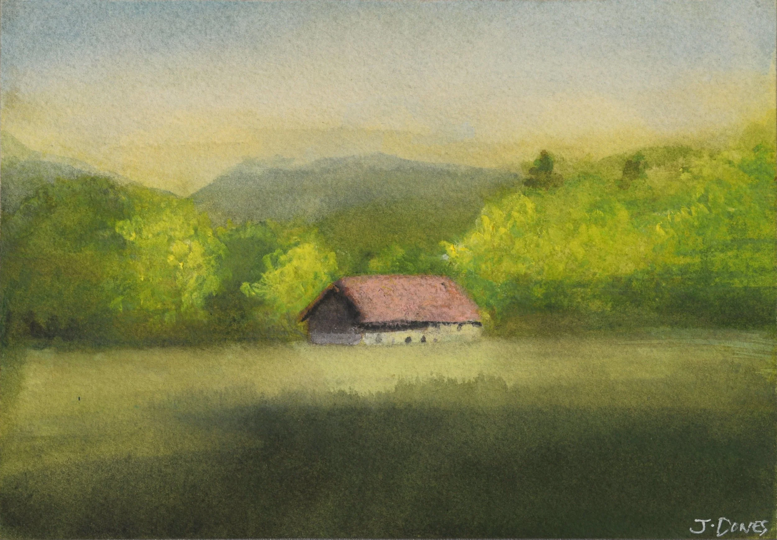A watercolor painting of a rural landscape with green hills, trees, a small house with a brown roof, and a distant mountain range under a cloudy sky.