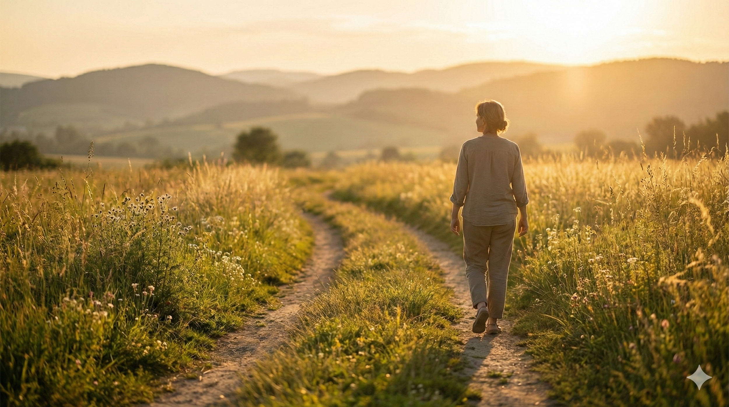 Person walking on a dirt path through a field of flowers during sunset, with rolling hills in the background.