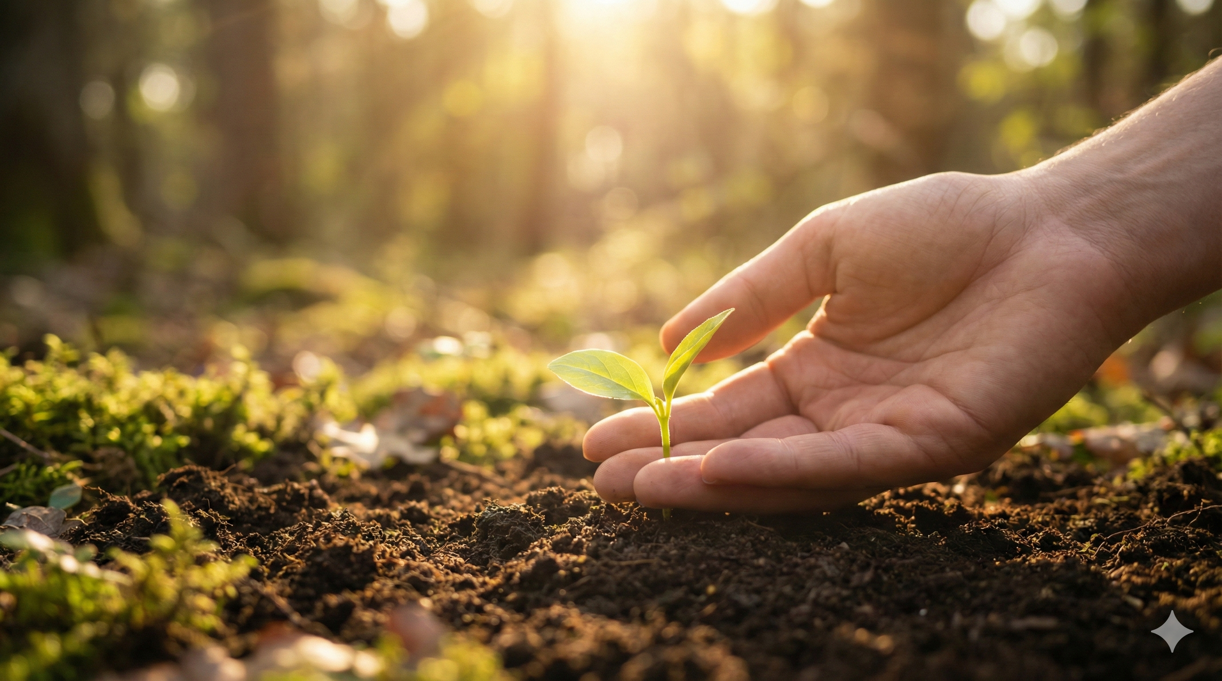 Close-up of a hand planting a small green seedling in dark soil with sunlight filtering through trees in the background.
