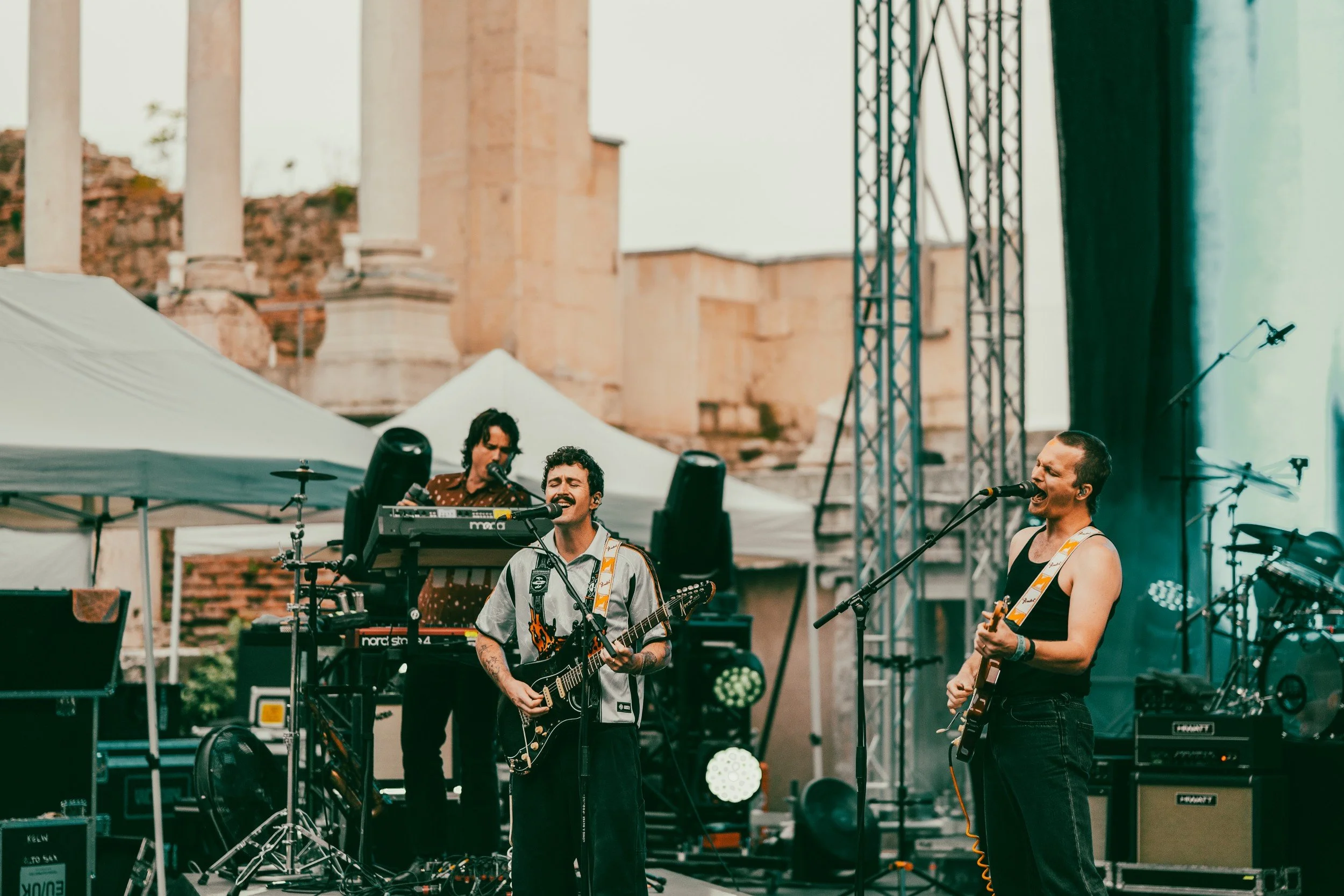 Joey Walker, Stu Mackenzie, and Abrose Kenny Smith King Gizzard & The Lizard Wizard performing live at the Ancient Theatre of Philippopolis in Plovdiv, Bulgaria - archival fine art print  by Photon Obscura