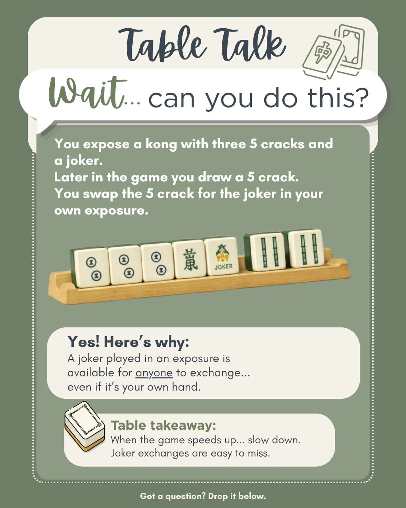 A common question I get from beginners is&hellip;
&ldquo;Can I swap for my own joker?&rdquo;

Yes&mdash;you can.

A joker in an exposure is available to anyone at the table&hellip; even you.

But here&rsquo;s what I see all the time:
players are so f