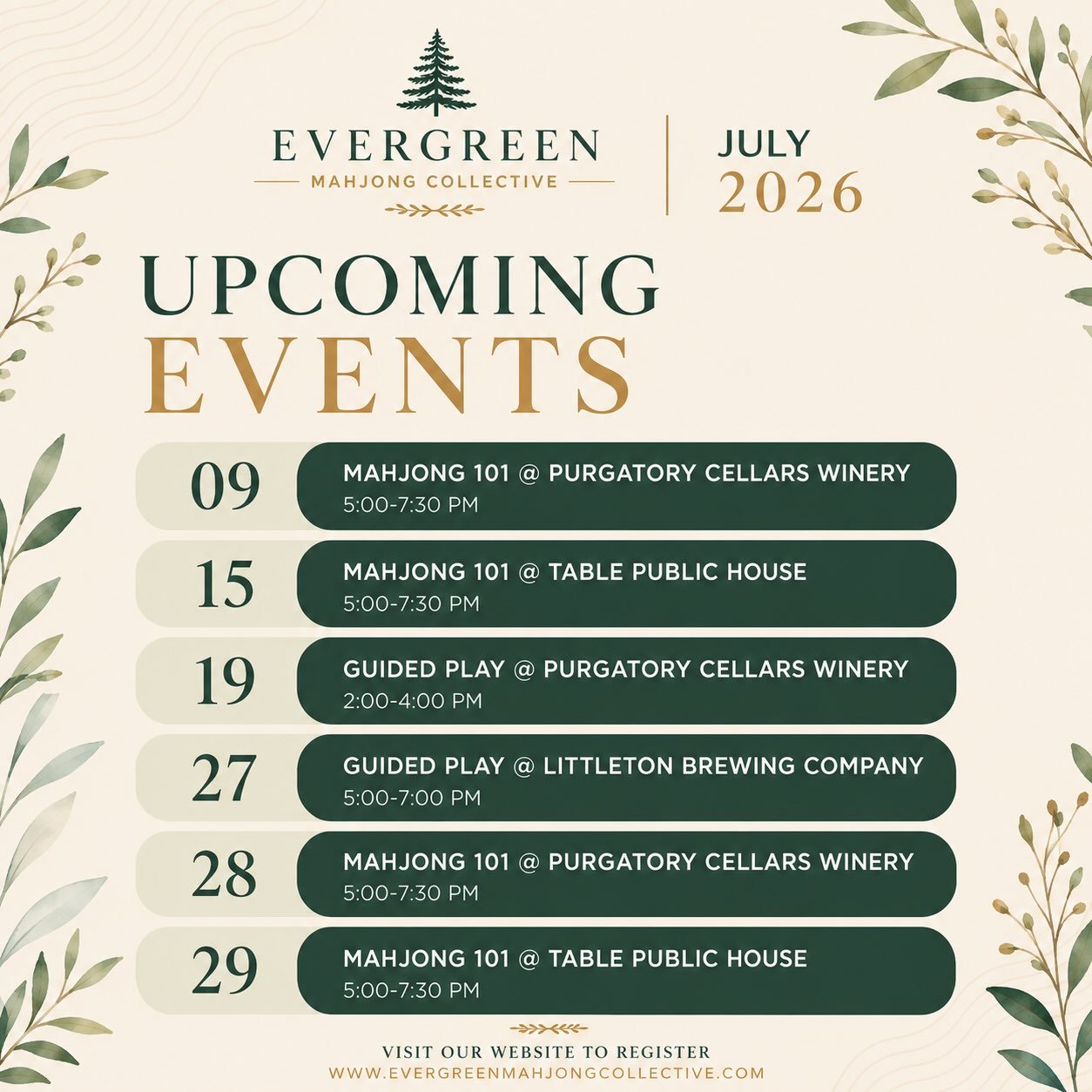 ✨ Evergreen Mahjong is growing! ✨

We&rsquo;re excited to expand to three locations this July, giving you even more opportunities to learn, play, and build confidence at the table.

🍷 Purgatory Cellars Winery (Parker)
🍻 Littleton Brewing Company (L