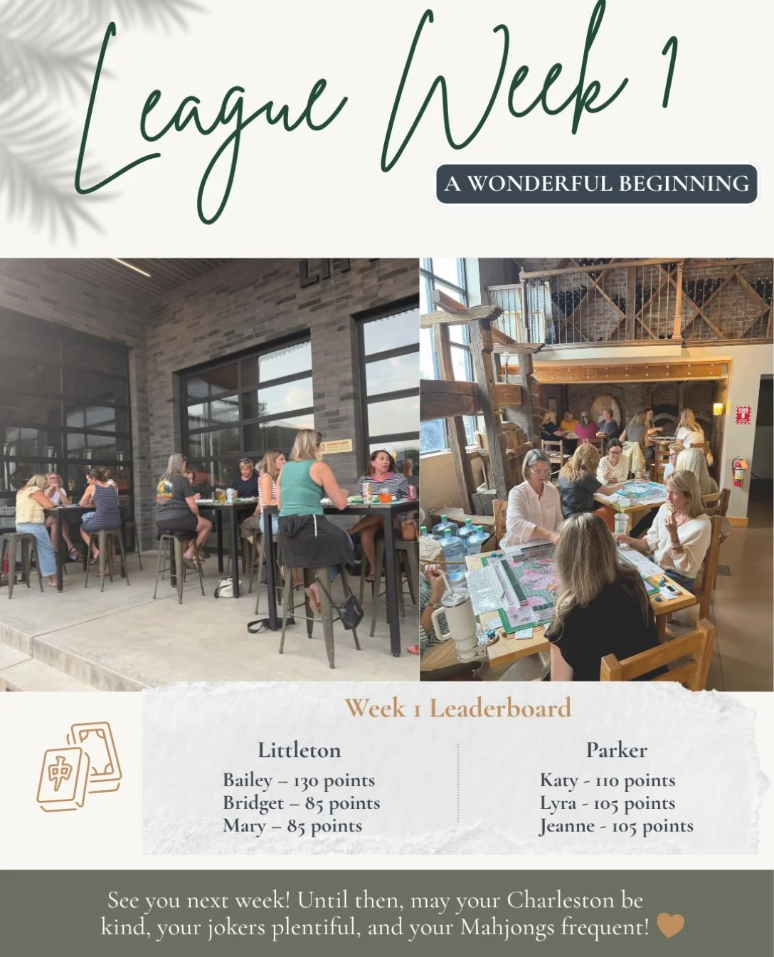 What a wonderful beginning.

Over the past week, our Littleton and Parker leagues gathered for the first of three league nights, and it was everything we hoped it would be&hellip; strategy, laughter, a few Mahjongs, and new friendships beginning arou