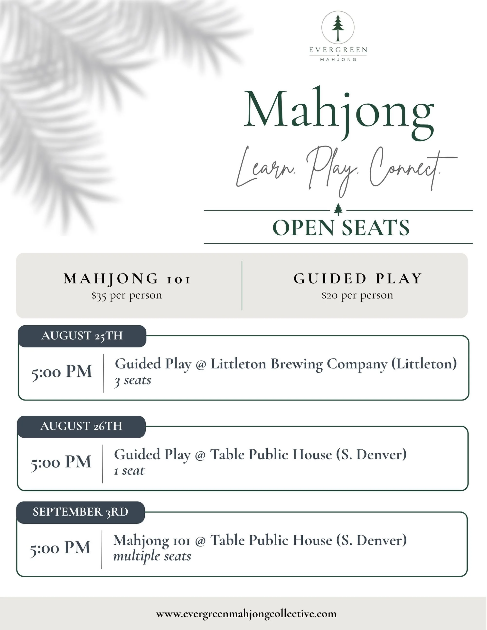 A few open seats are waiting at the table!

New to Mahjong? Mahjong 101 is the place to start. We&rsquo;ll walk you through the tiles, the NMJL card, the Charleston, and the basics of game play so you can leave ready to keep playing. 
$35 per person
