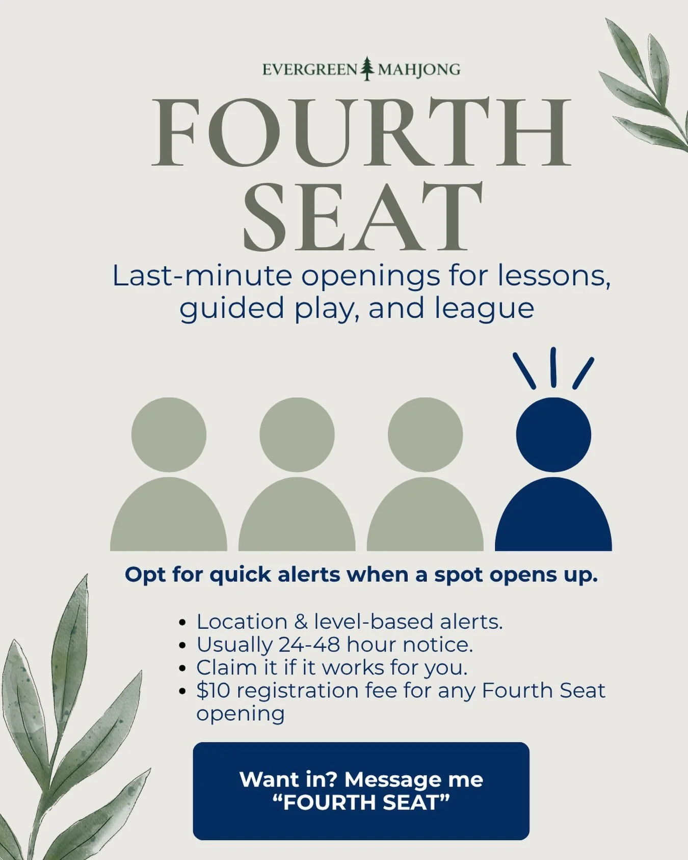 Sometimes a seat opens at the last minute, especially with cold and flu season coming! 🤒

Fourth Seat is my opt-in list for last-minute openings in lessons, guided play, and league. You can choose the locations and level that work for you, and when 