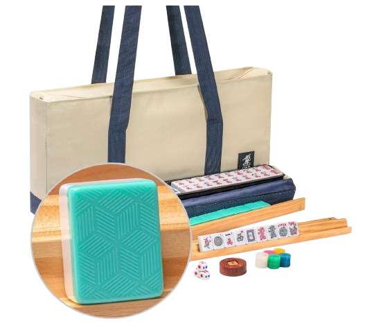 American Mahjong Set with 166 tiles, 4 racks with magnetic pushers, and beige and blue canvas tote bag (multiple color options available) 