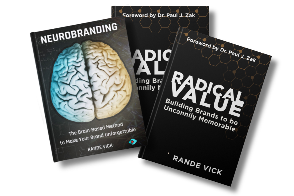 Two books titled "Radical Value" and "Neurobranding" by Rande Vick, with the "Neurobranding" book featuring a brain illustration split into blue and beige halves.