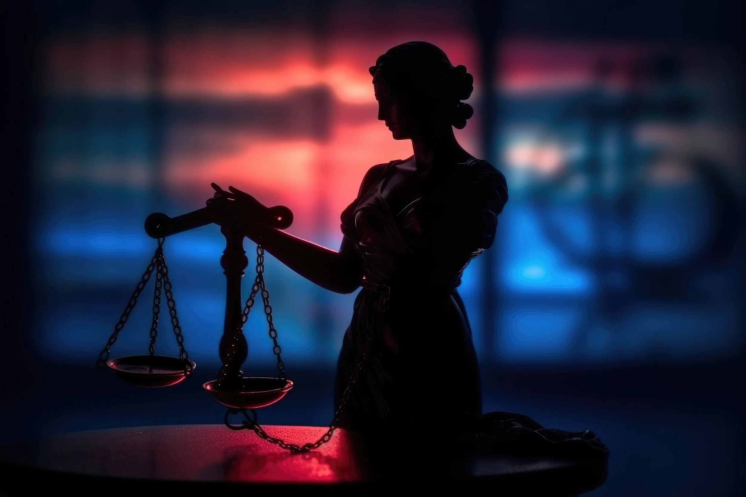 Silhouette of Lady Justice statue with scales against colorful blurred background
