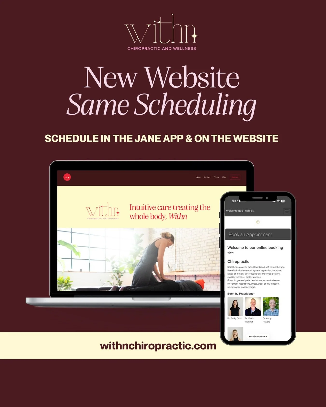 Things may look different but your care is the same. 

Continue to see your same providers at Withn and schedule through the Jane App. 

Give us a call if you have any questions 📞