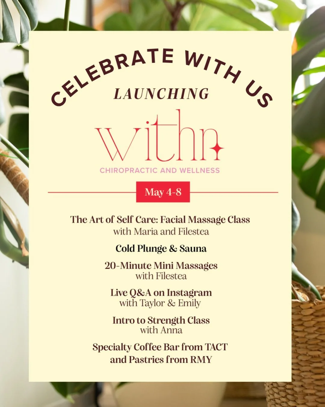 🥳 We&rsquo;re celebrating the launch of Withn Chiropractic and Wellness all next week ✨

Join us by taking a class from the Withn team, entering a giveaway, soaking in the cold plunge, sipping on craft coffee, and more!