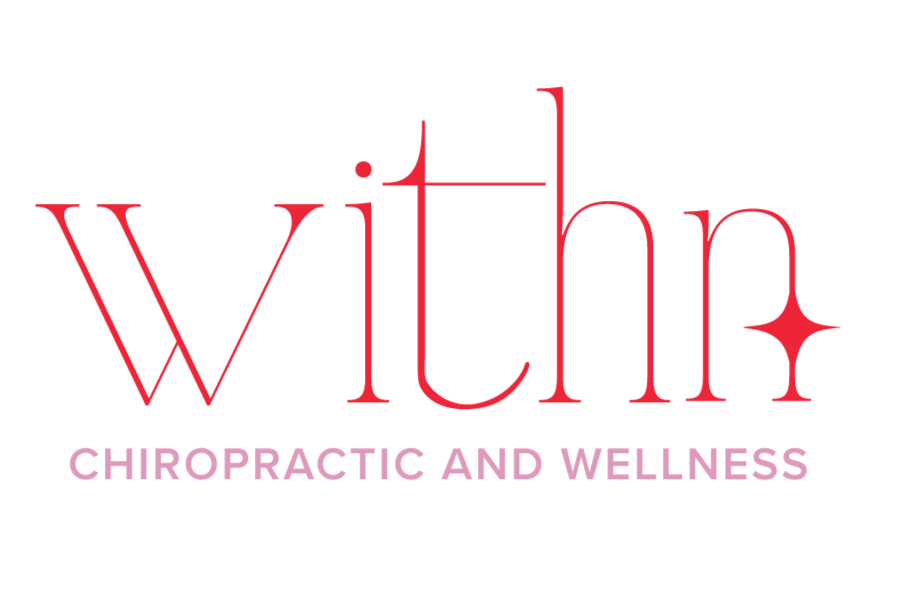 Logo with the word 'with' in large red letters, a small pink star on the letter 'h', and the words 'CHIROPRACTIC AND WELLNESS' in smaller pink text below.