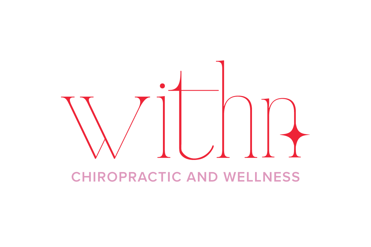 Logo for With Chiropractic and Wellness, featuring the word 'withn' in large red lowercase letters with a star-shaped spark near the letter 'n,' and the words 'CHIROPRACTIC AND WELLNESS' in smaller pink uppercase letters below.