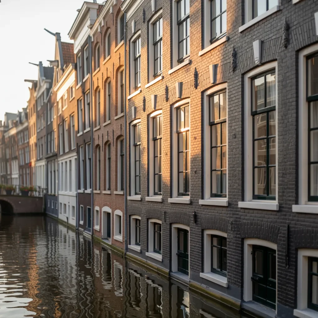 Colorful row of historic brick buildings with large windows along a canal at sunset in Amsterdam.