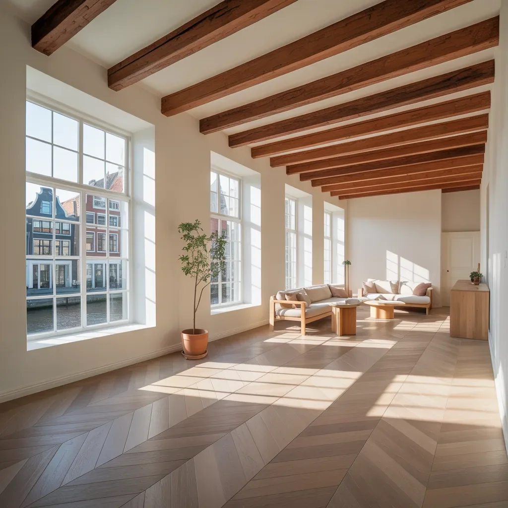 Bright living room with large windows, wooden ceiling beams, and modern furniture, including sofas, coffee tables, and a sideboard, with sunlight casting shadows on the parquet floor.