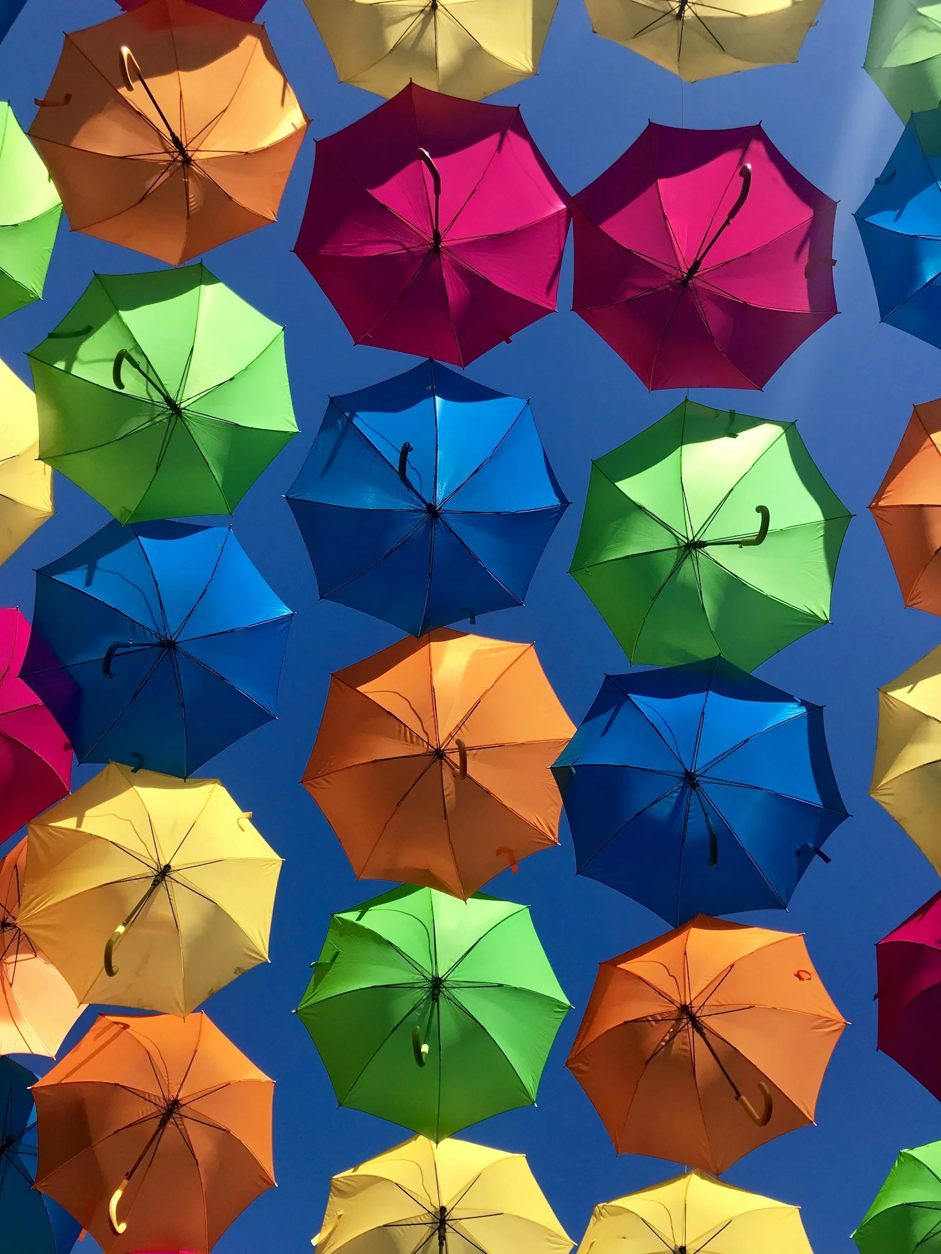Colorful umbrellas suspended in the air against a clear blue sky.