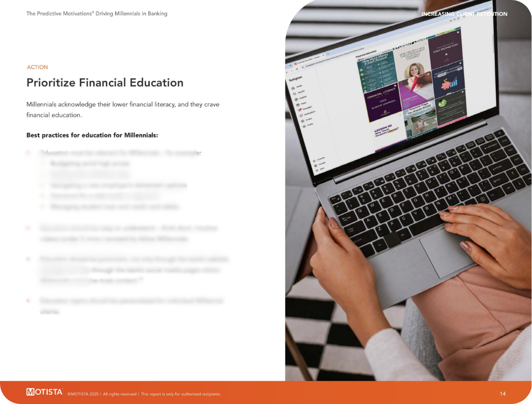 A person holding a laptop with a colorful digital marketing presentation on the screen, focusing on financial education and Millennials, with blurred text on the left side.