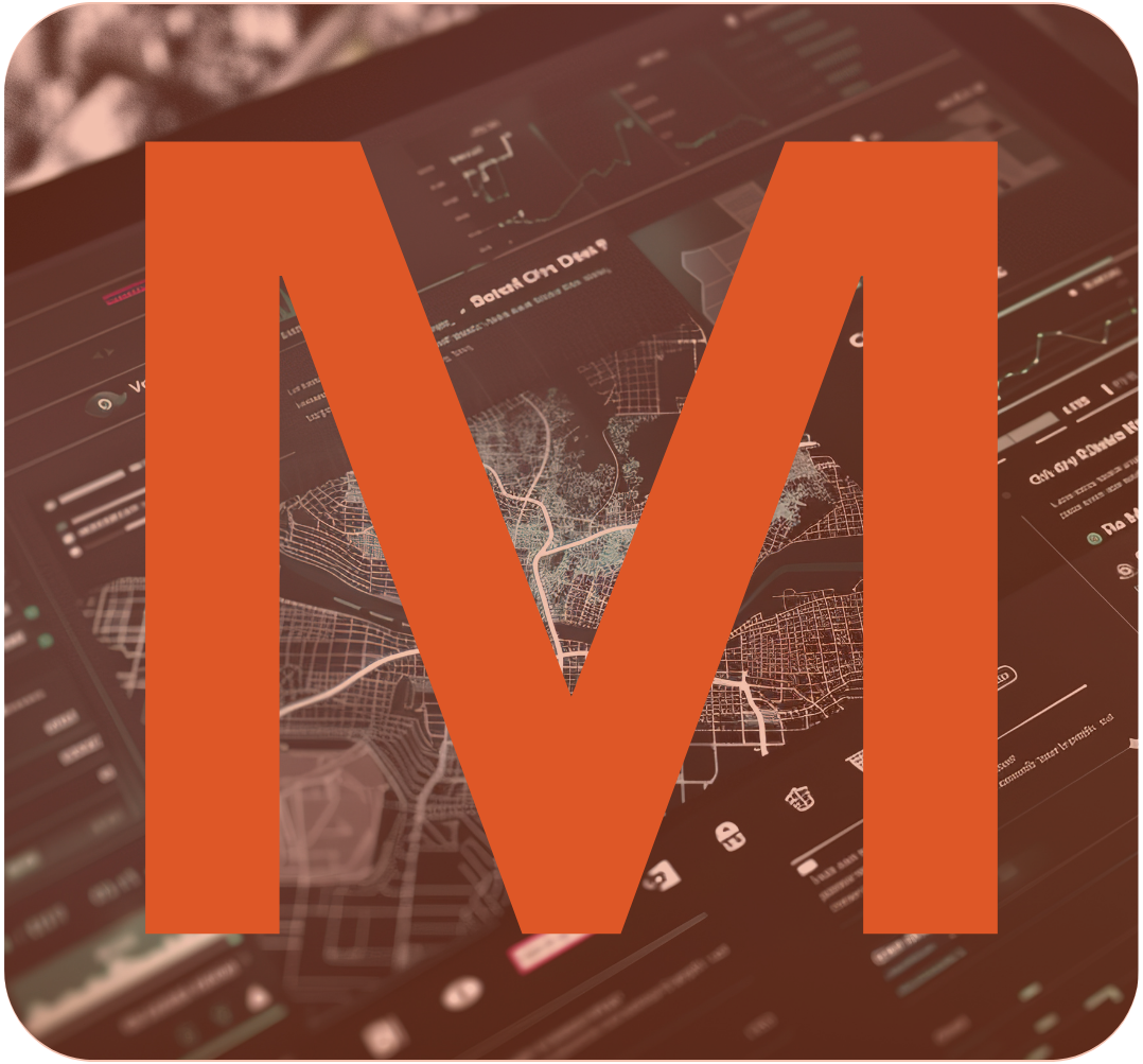 A large orange 'W' overlaying a digital dashboard with maps, graphs, and charts on a tablet screen.