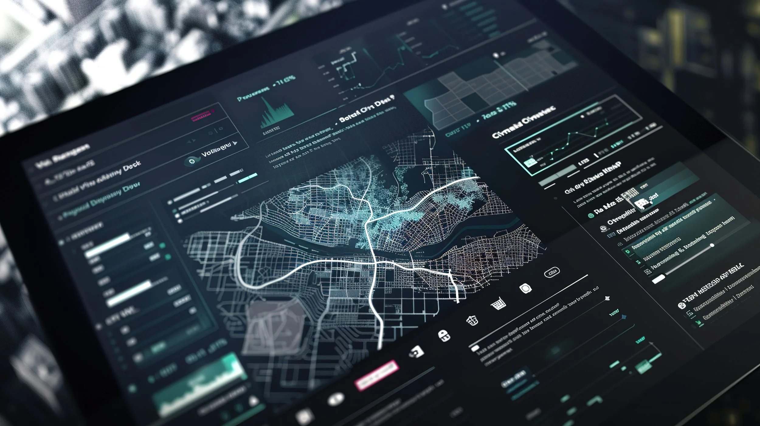 A digital tablet screen displaying a detailed map with roads and waterways, surrounded by various graphs and data charts.