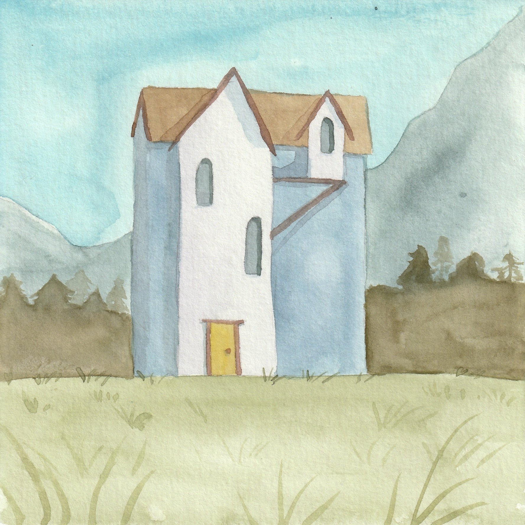 A watercolor painting of a house sitting on a grassy field with forests and mountains in the background.