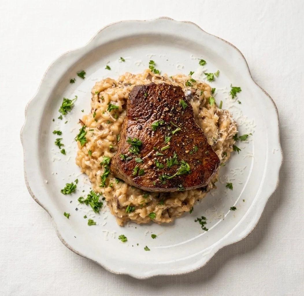 A plate of cooked risotto with a seared steak on top, garnished with chopped parsley.