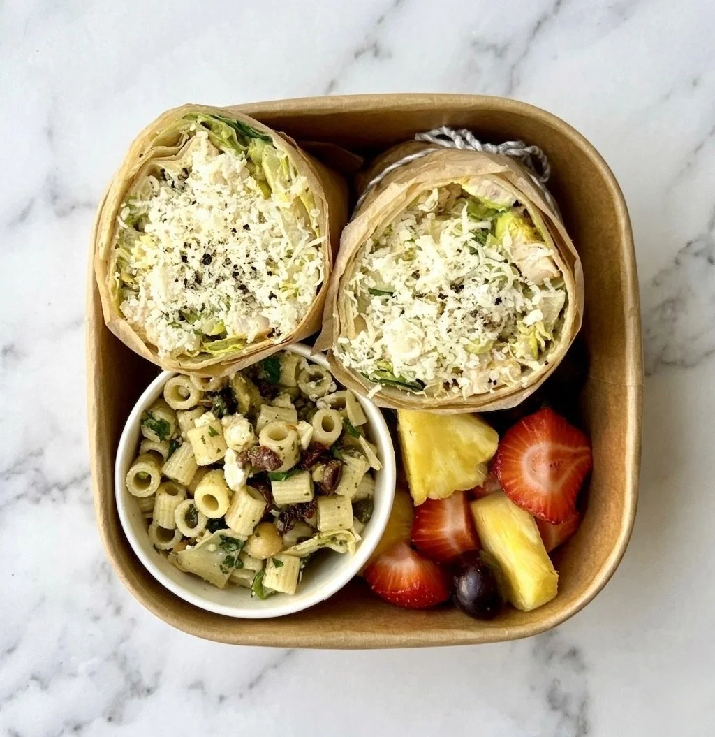 A brown paper lunch box containing two wraps with shredded cheese and lettuce, a small bowl of pasta salad with olives, and a mix of sliced strawberries, pineapple, and grapes on a white marble surface.