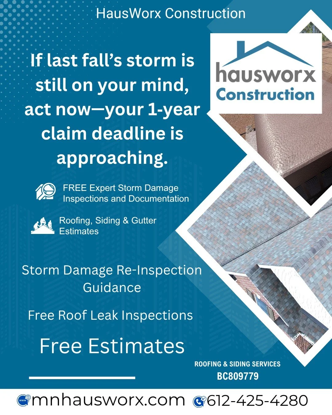 Minnetonka/Eden Prairie homeowners &mdash; still thinking about filing a claim from last fall&rsquo;s storm? Now is the time to revisit your claim and get it re‑inspected before the 1‑year window closes. 
HausWorx Construction offers a second look at
