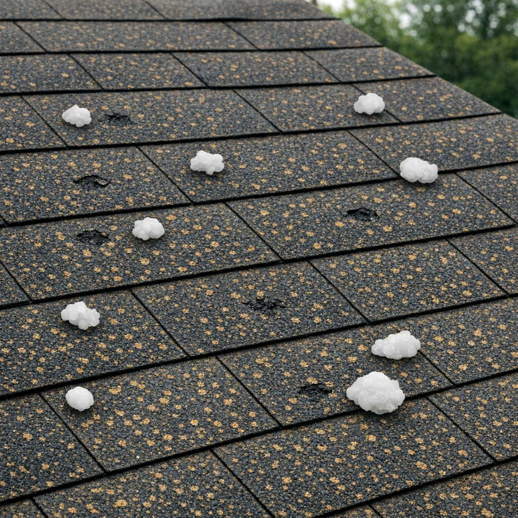 Sections of asphalt shingle roof with hailstones scattered on the surface.