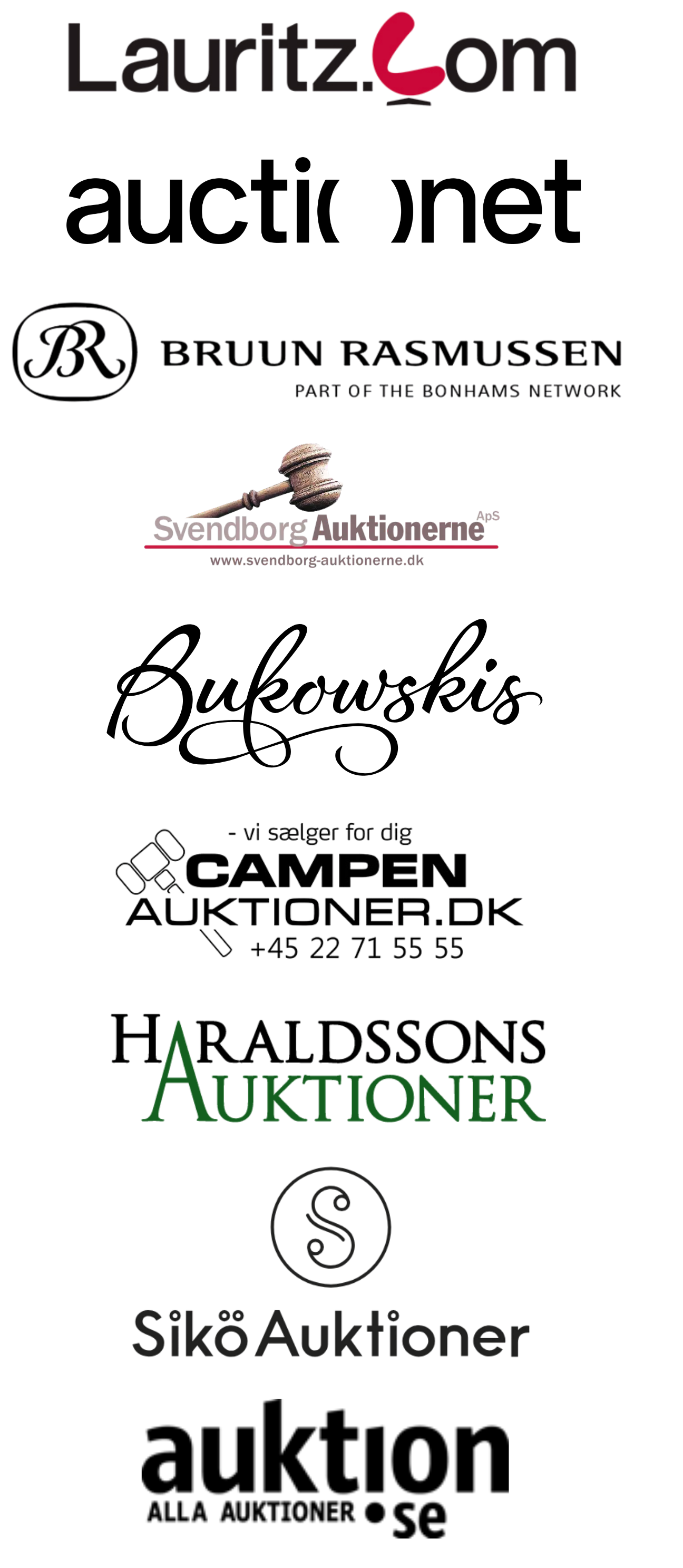 BLG SEASUN _Auctionet.com Lauritz.com, Bruun Rasmussen, Svendborg Auktioner, and Siko Auktioner, all auction houses, with an auction hammer and stylized text.