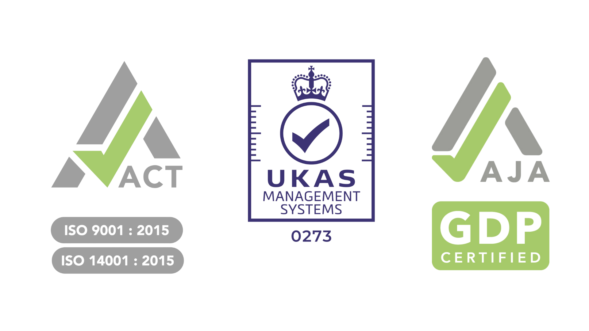 BLG SEASUN, Blue logistics integrated, Logos of ACT, UKAS, and AJAR, certifications for ISO 9001:2015 and ISO 14001:2015, and a GDP certified badge.