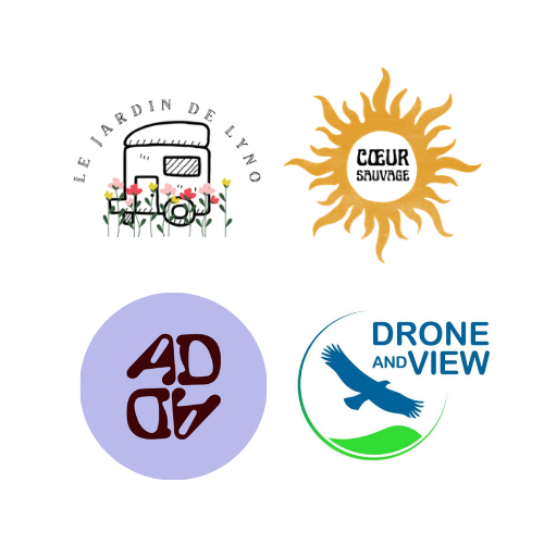 Collage de quatre logos : Le Jardin de Leno, Cœur Sauvage, AD TV et Drone and View.