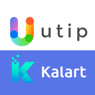 Logos Utip et Kalart sur fond blanc et bleu.