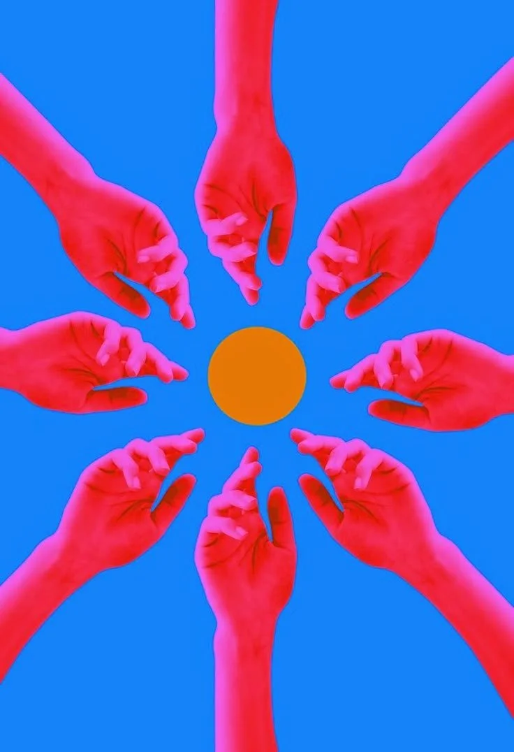 Huit mains roses disposées en cercle autour d’une boule orange sur fond bleu vif.