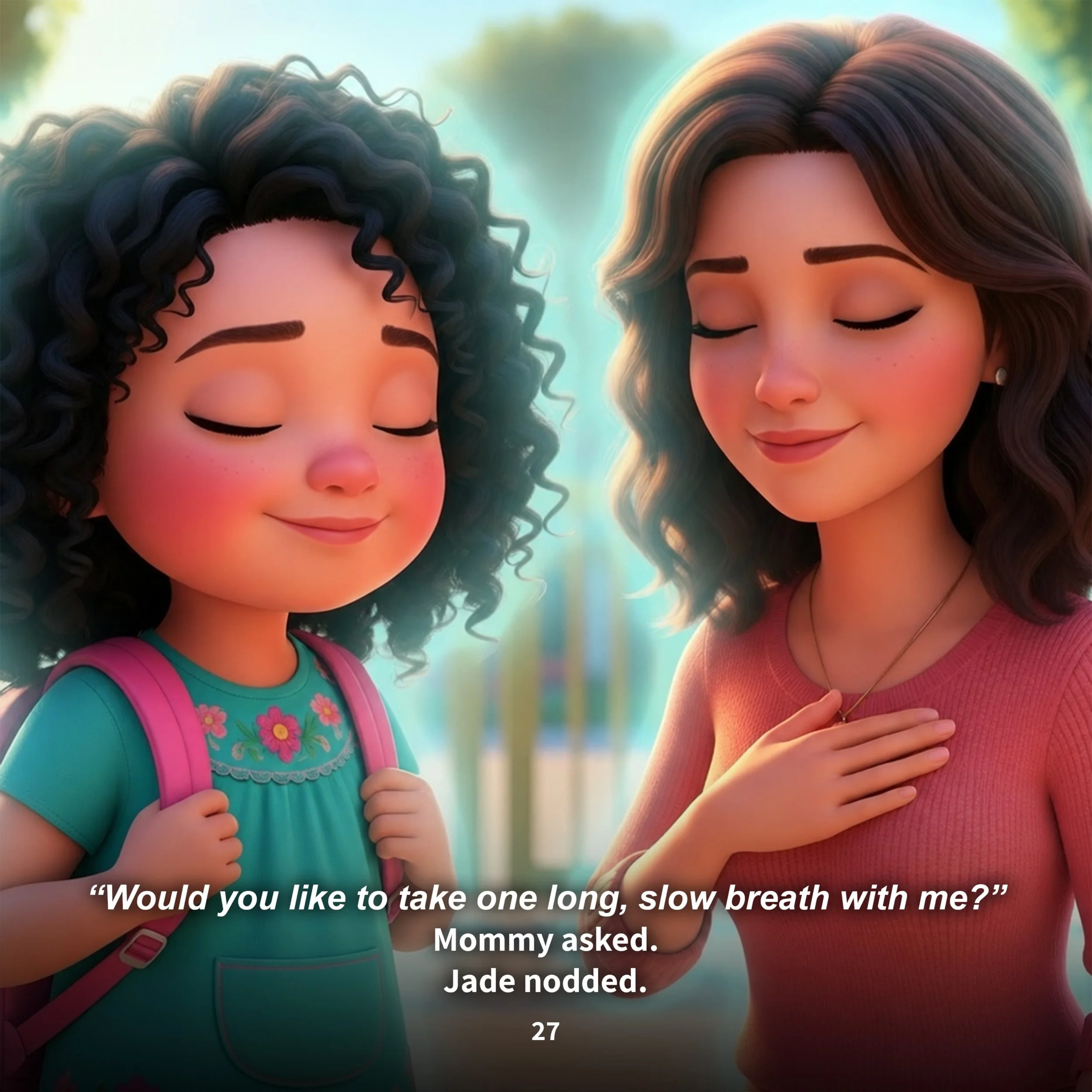 Jade and her mother pause to take a slow breath together