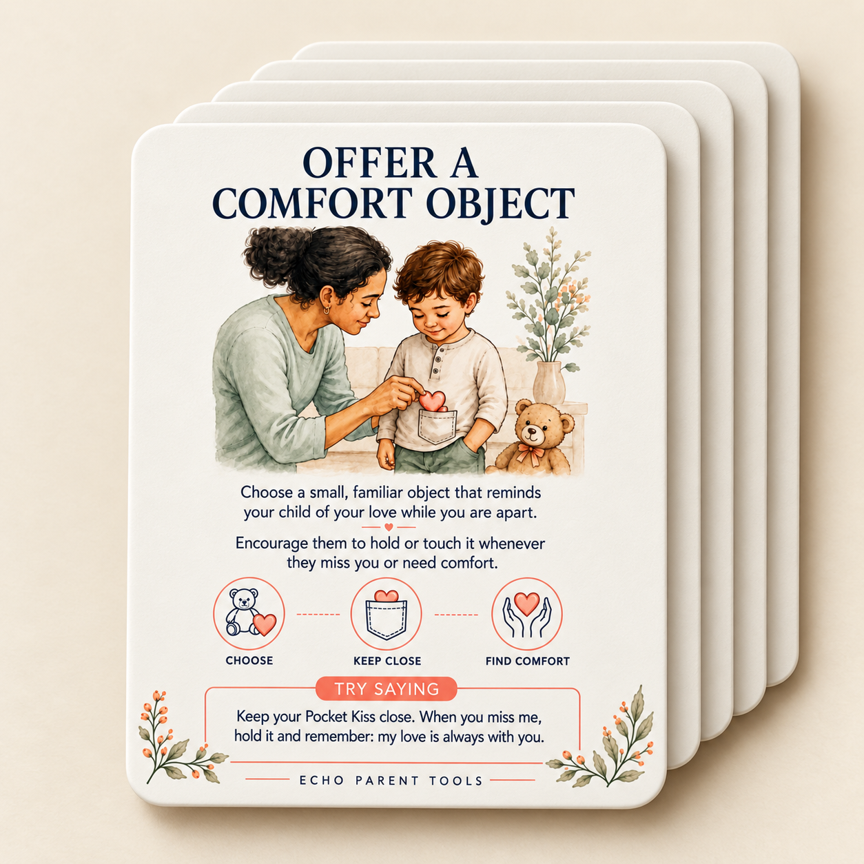 Five magnetic caregiver tool cards, with Offer a Comfort Object visible on the front