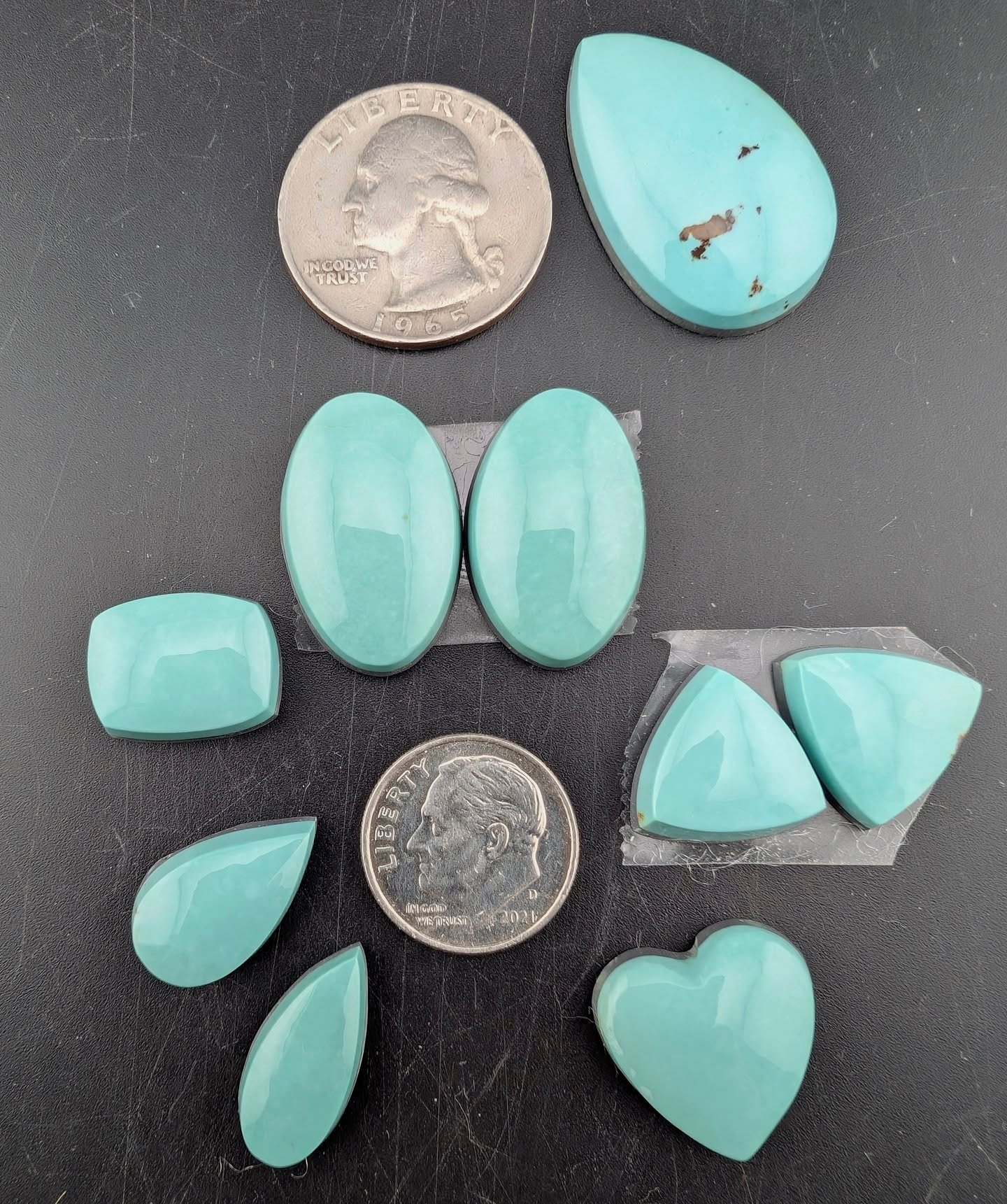 Turquoise that is almost pure in color, a beautiful Baby Teal. Nila Turquoise from @rastonworks in NV. Two matched sets that will help you expand the usefulness of this beautiful turquoise.

#turquoise #turquoiseforsale #turquoisecabs #lapidary #cabo