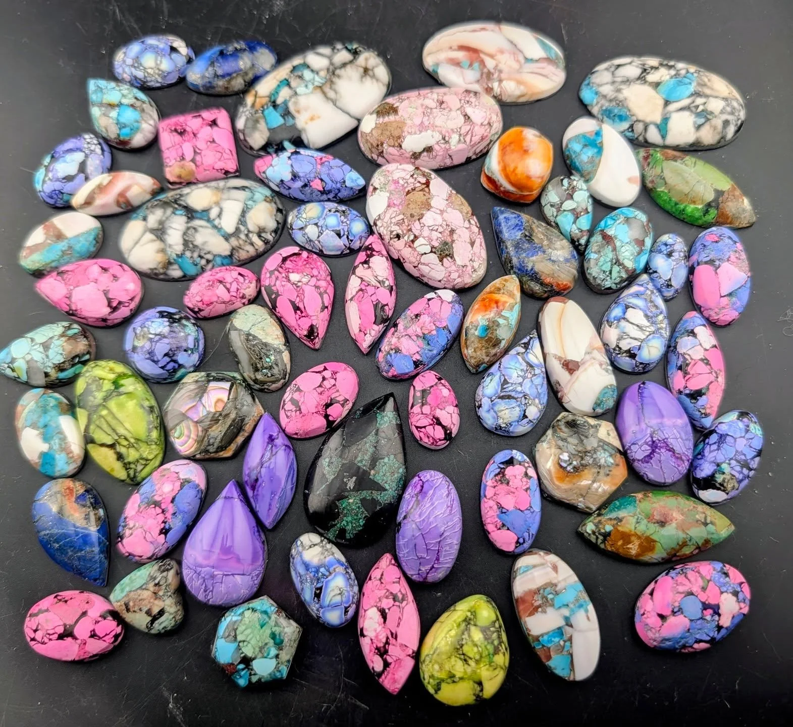 It's Spring! Brighten your jewelry with colorful, fun composite turquoise cabs perfect for your springtime projects. Explore our vibrant cabs and get inspired to create new pieces! Composite materials come from friends at @specialtycabandblock . Cabs