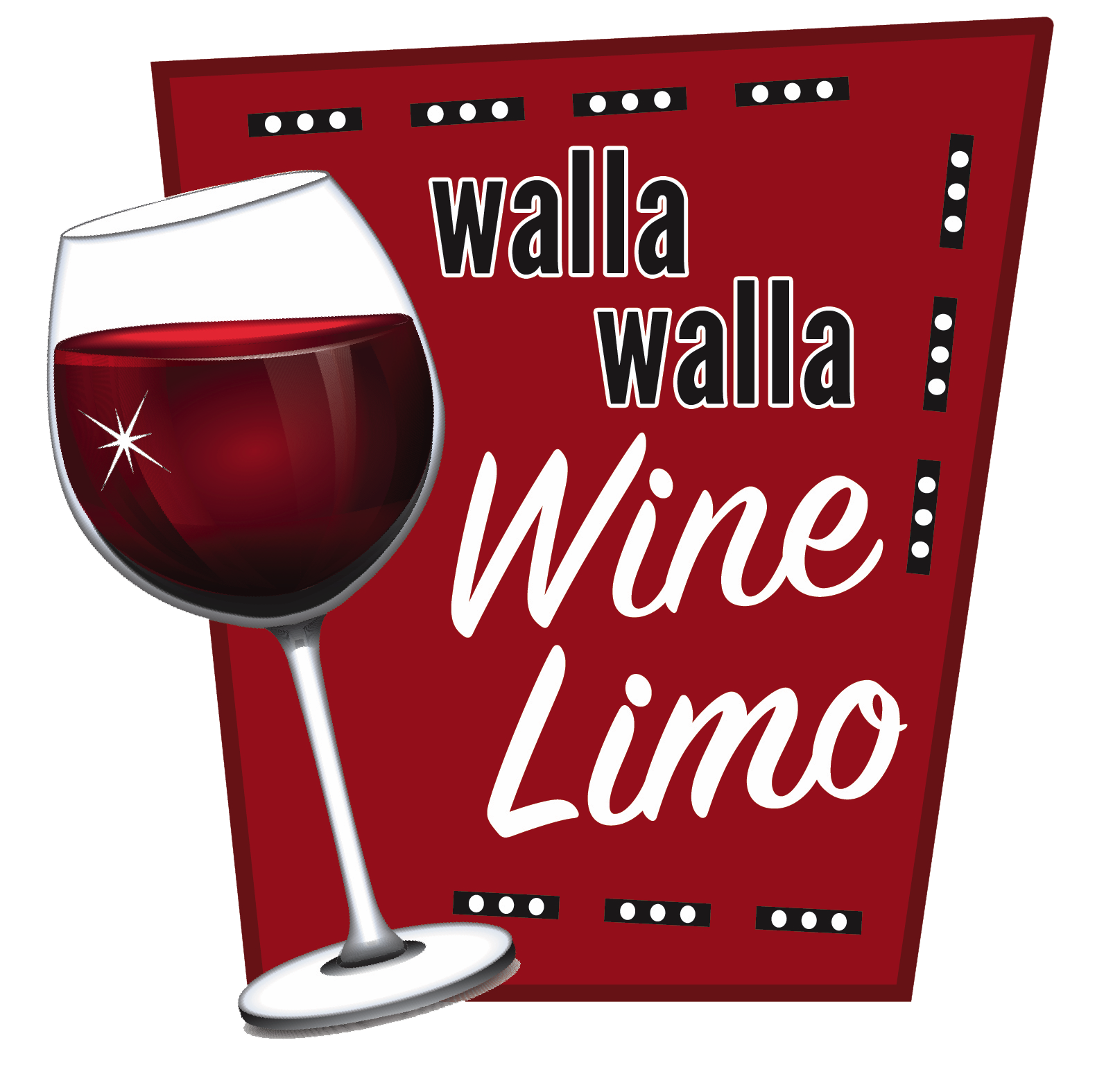 Walla Walla Wine Limo logo - A red sign with black and white dotted borders displaying the words "walla walla" in black, "Wine" in white cursive, and "Limo" in white, beside a glass of red wine with a star-shaped reflection on the surface.