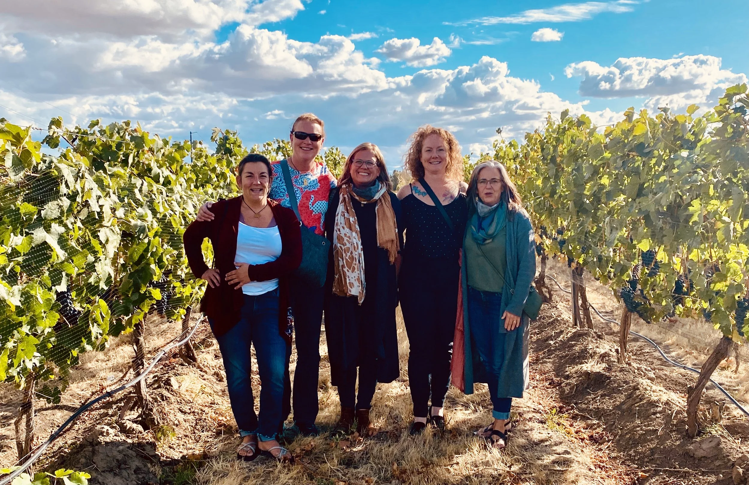Tasting group standing together in a vineyard on in Washington wine country.