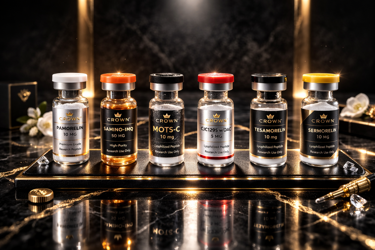 Six pharmaceutical vials labeled with various peptides and research information, arranged in a row on a black surface with gold accents, with medical and floral props in the background.
